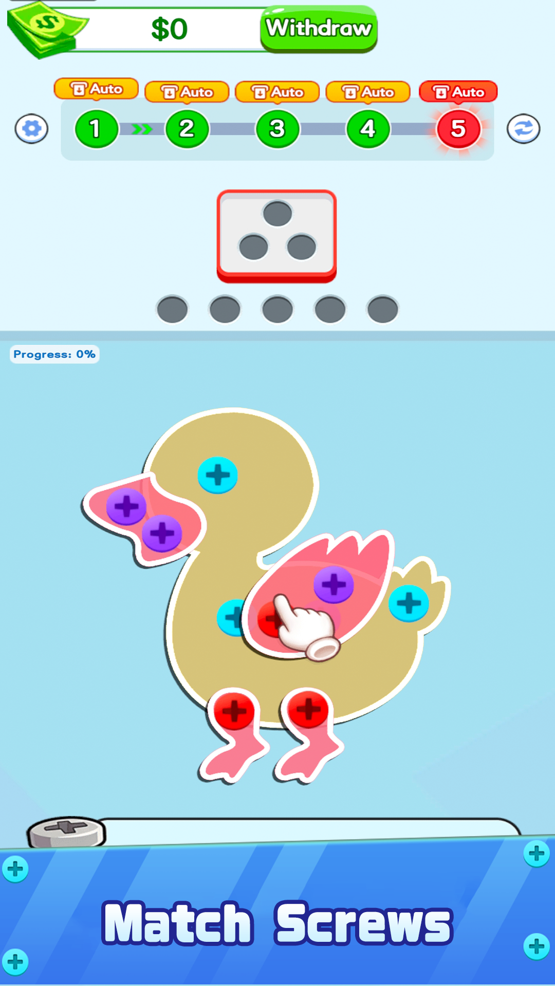 Screw Away Challenge gameplay: colorful screw puzzle board